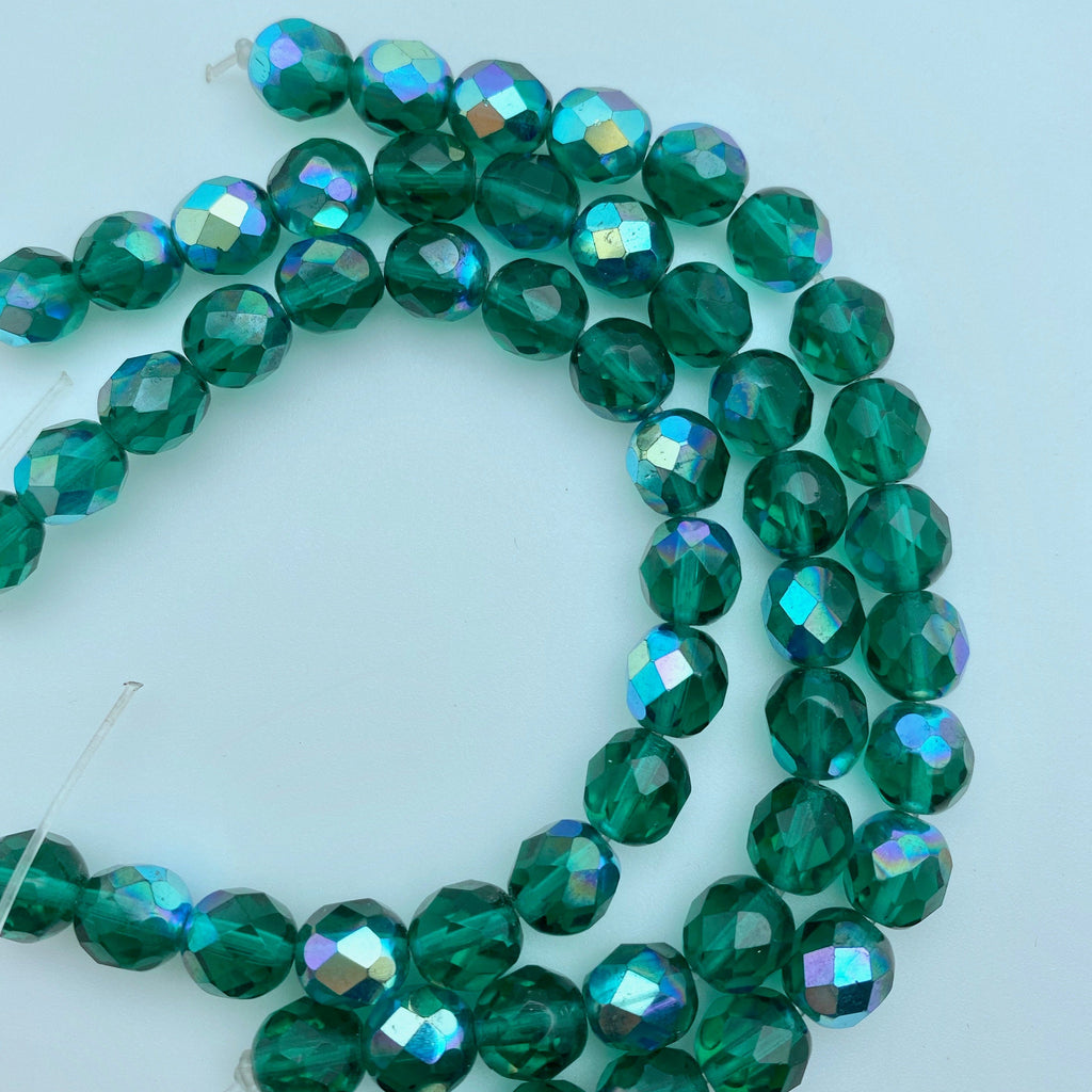 Vintage Czech Faceted Teal Green Beads With AB Finish (10mm) (GCG35)