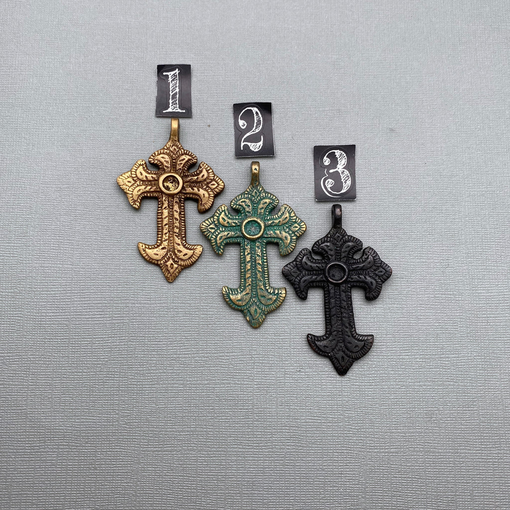 Christian Cross Pendants In Antique Brass, Black Patina, Blue Patina (Choose From 3 Different Colors) (SBC13)