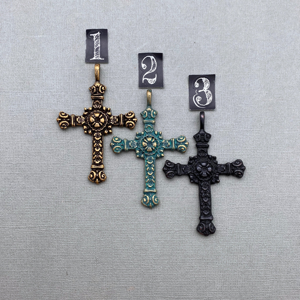 Floral Cross Pendants In Antique Brass, Black Patina, Blue Patina (Choose From 3 Different Colors) (SBC16)