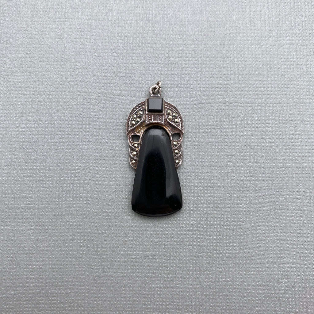 Sterling Silver Pyramid Marcasite Onyx Pendant (SP51)