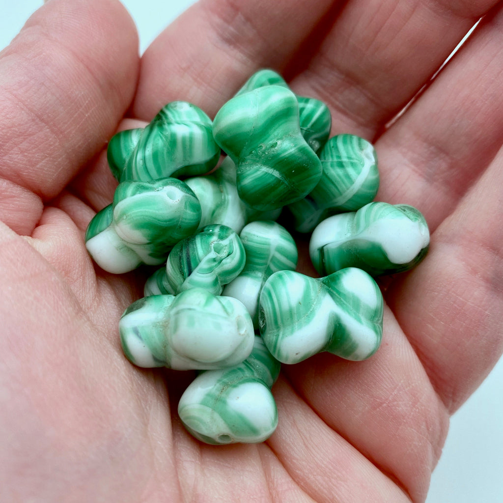 Vintage Hourglass Green & White Striped West German Beads (13x17mm) (GGG1)