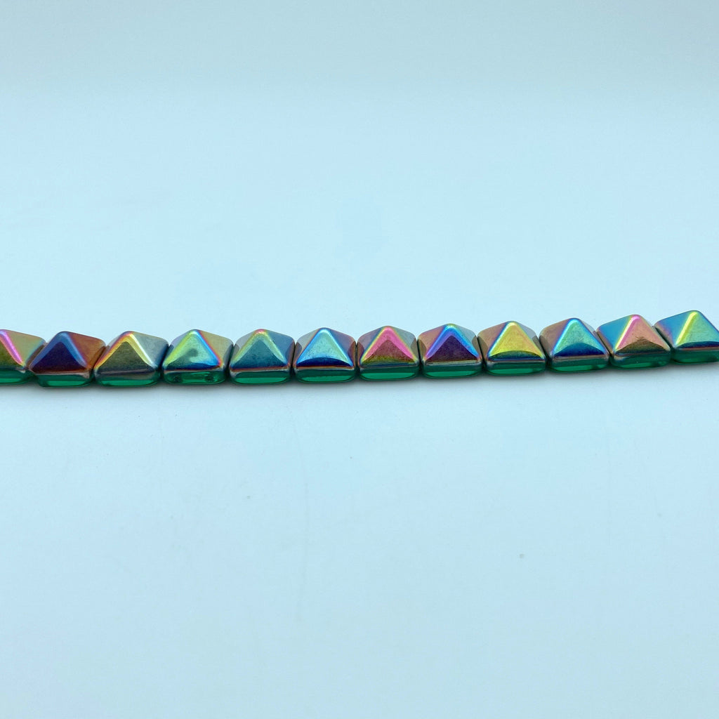 Iridescent & Teal Green 2-Holed Pyramid Czech Glass Beads (12mm) (SCG3)