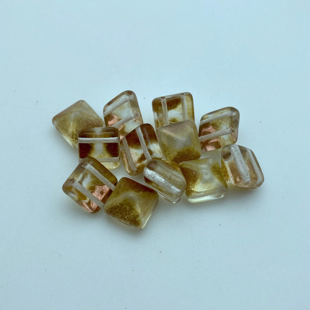 Yellow Copper Translucent 2-Holed Pyramid Czech Glass Beads (12mm) (SCG4)
