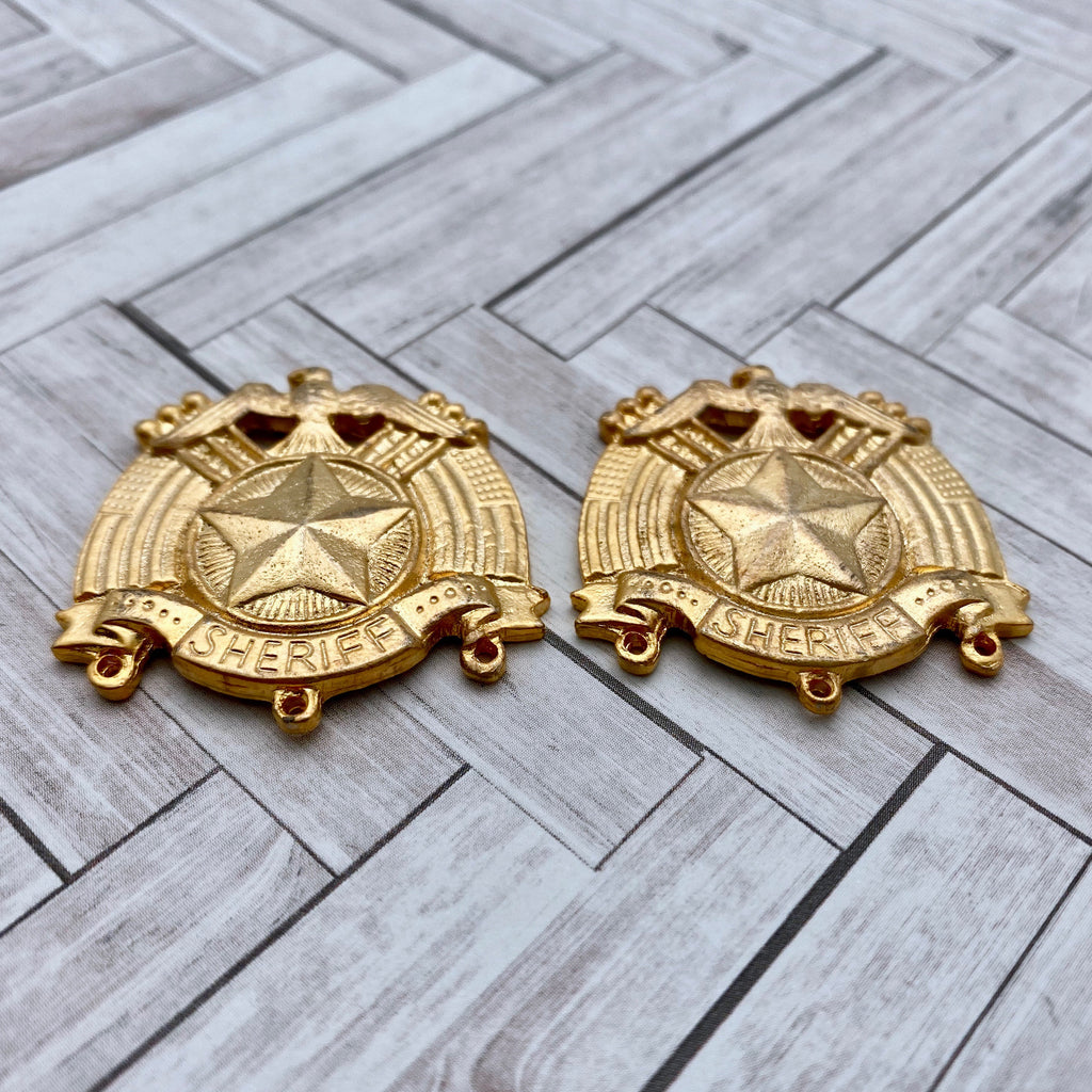 Pair Of Brass Plated Connector Sheriff Badge Pendants (MP98)