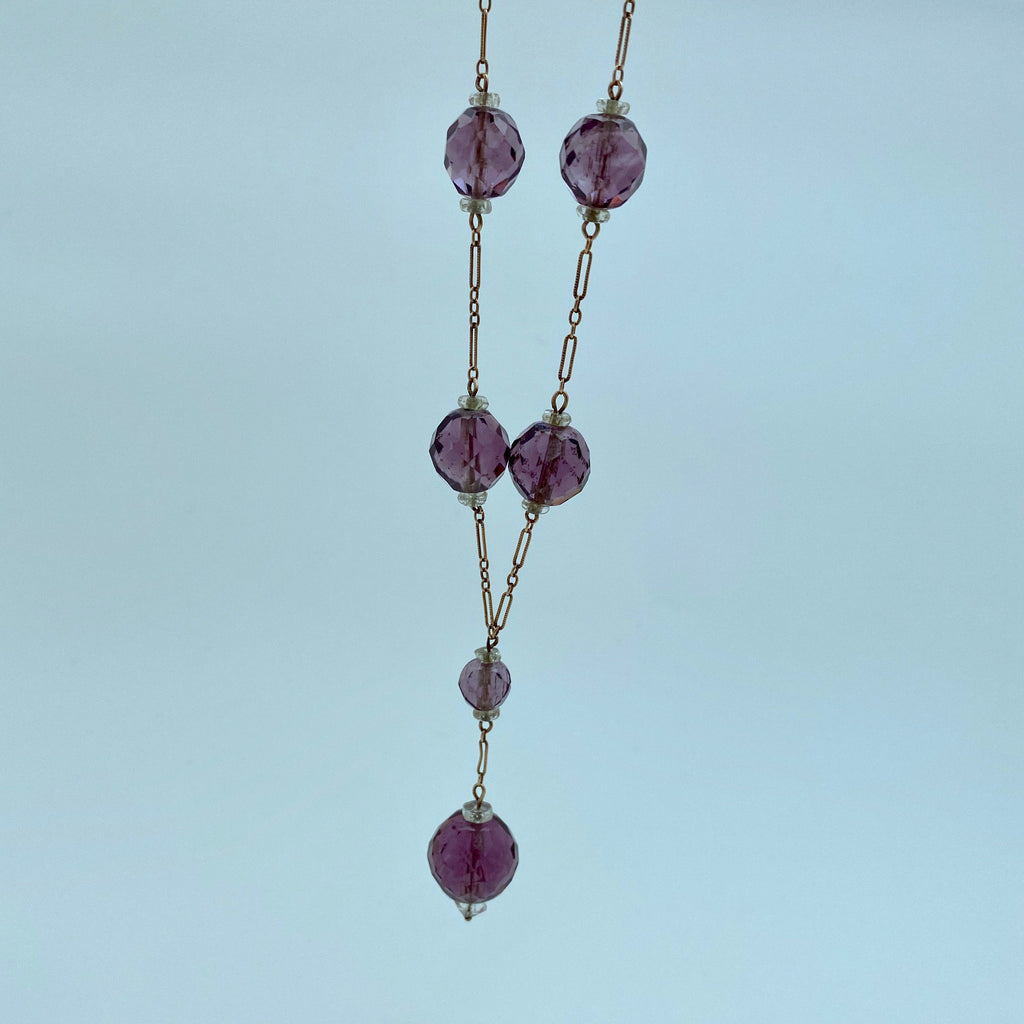 1920s Art Deco Gold Filled & Purple Czech Glass Necklace (16 Inches) (GFN1)