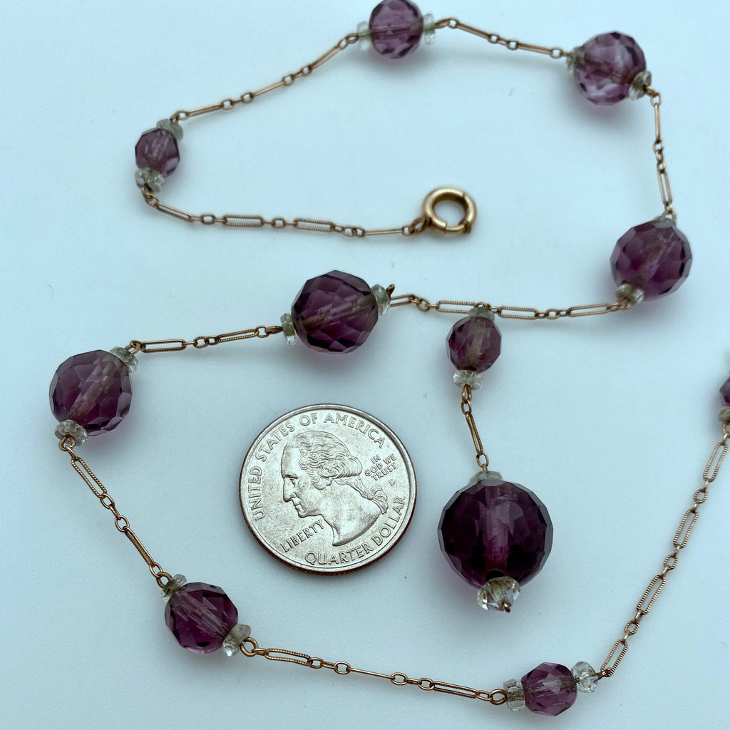 1920s Art Deco Gold Filled & Purple Czech Glass Necklace (16 Inches) (GFN1)