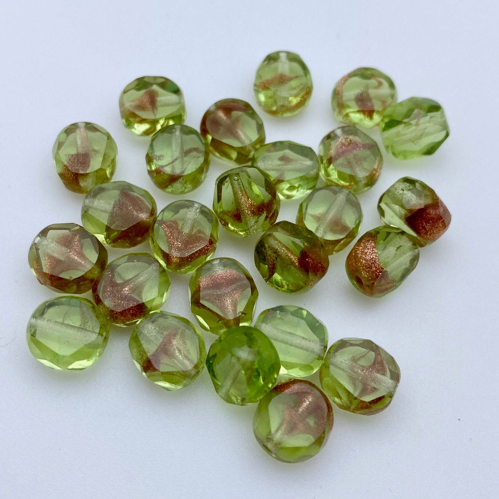 Spring Green & Gold Stone Table Cut Czech Glass Beads (8mm) (GCG7)