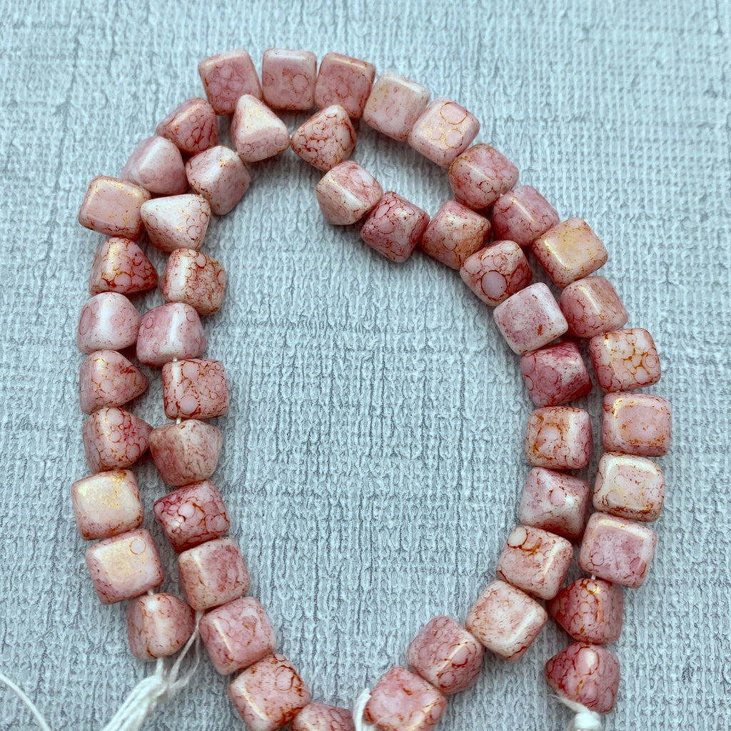 Spotted Pink & Gold Picasso 2-Holed Pyramid Czech Glass Beads (6mm) (SCG26)