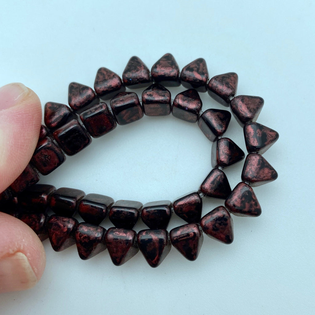Black & Maroon Picasso 2-Holed Pyramid Czech Glass Beads (6mm) (SCG32)