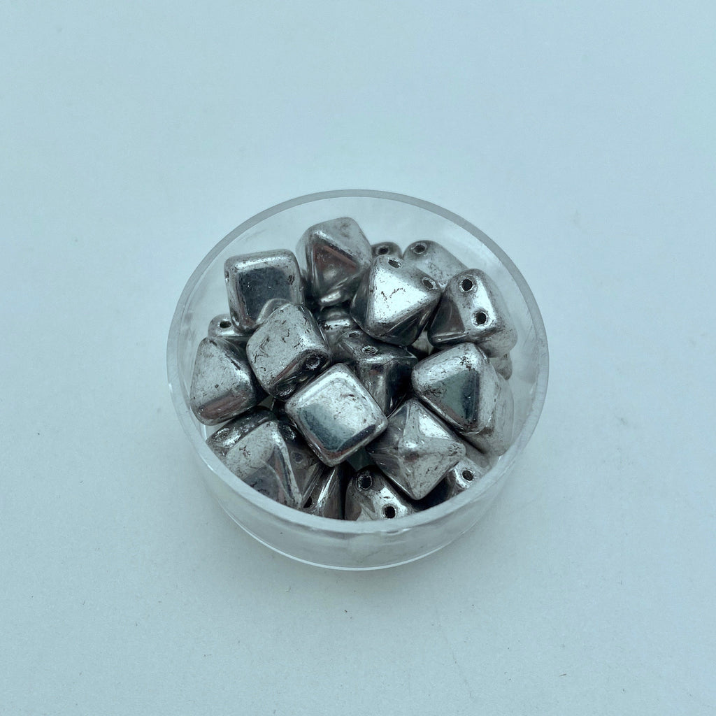 Shiny Sterling Silver Plated 2-Holed Pyramid Czech Glass Beads (6mm) (SCG40)