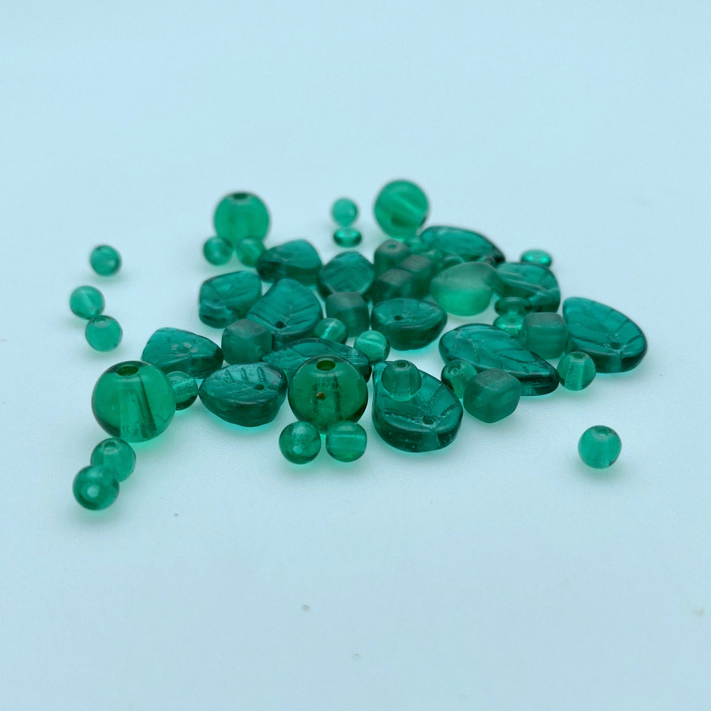Teal Green Assorted Czech Beads With Leaves & Hearts (GCG19)