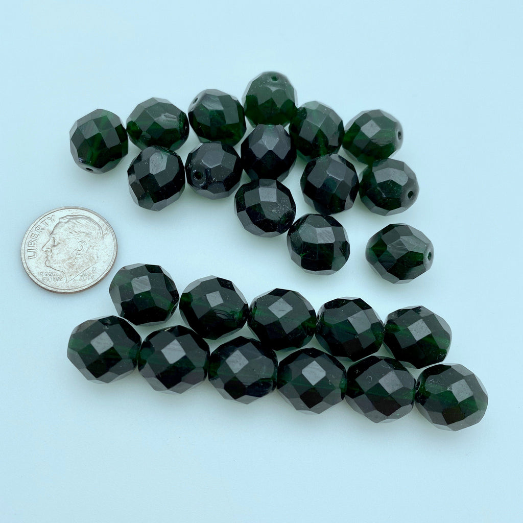 Vintage Dark Green Czech Faceted Round Beads (12mm) (GCG25)