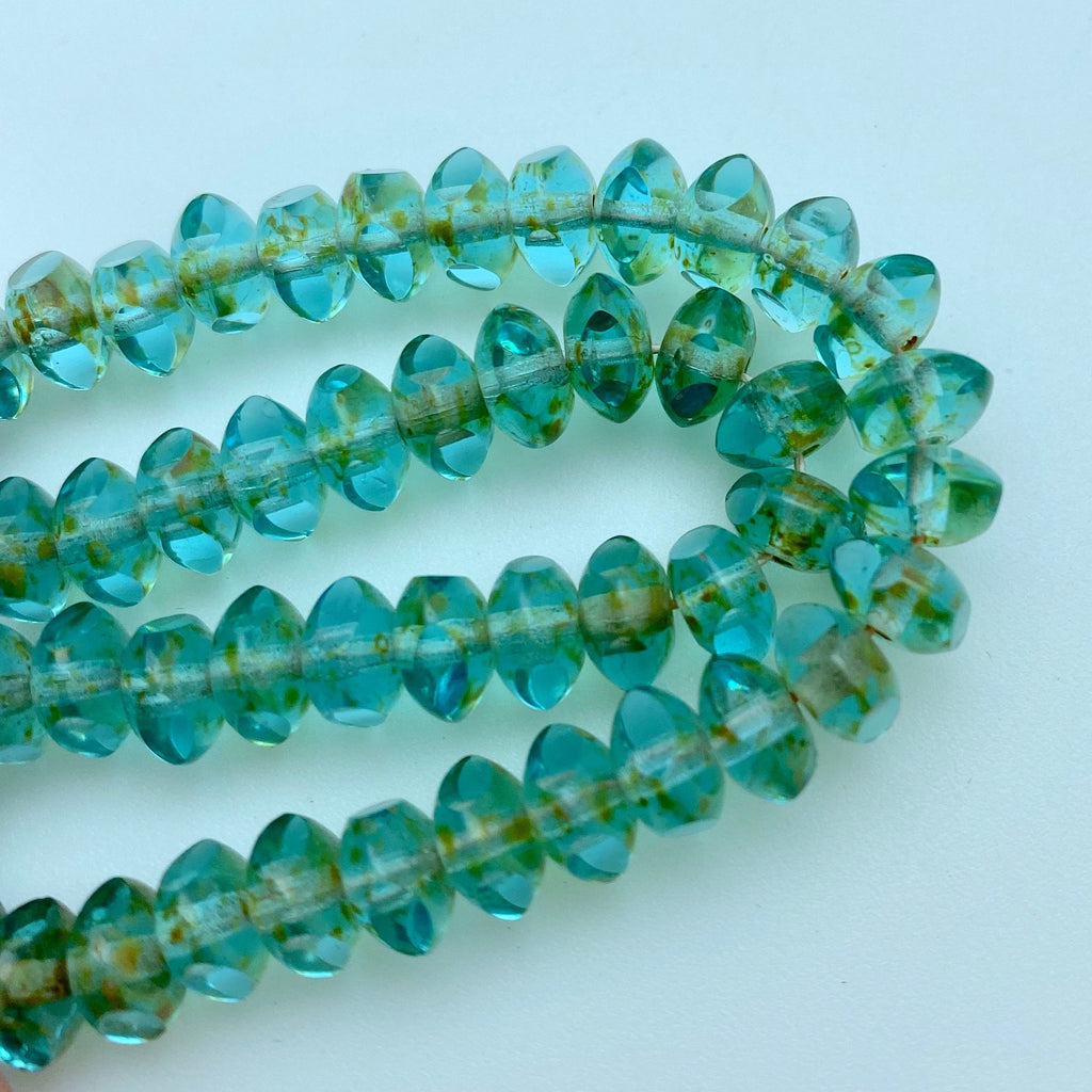 Blueish Green & Brown Turquoise Picasso Table Cut Rondelle Czech Glass Beads (4x7mm) (GCG30)
