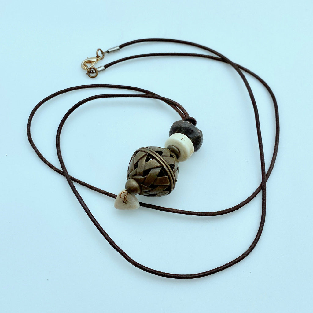 Brass Bead & Bone Leather Necklace (33 Inches) (BN2)