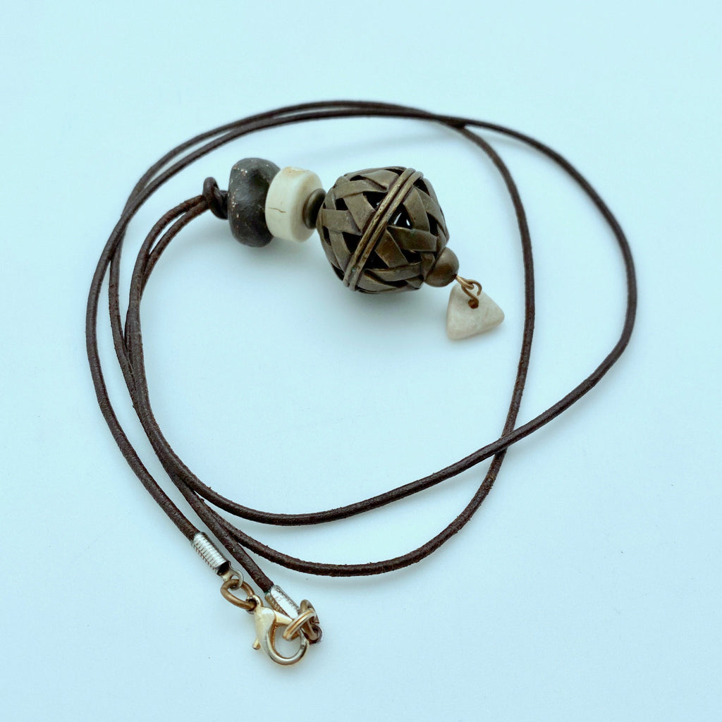Brass Bead & Bone Leather Necklace (33 Inches) (BN2)