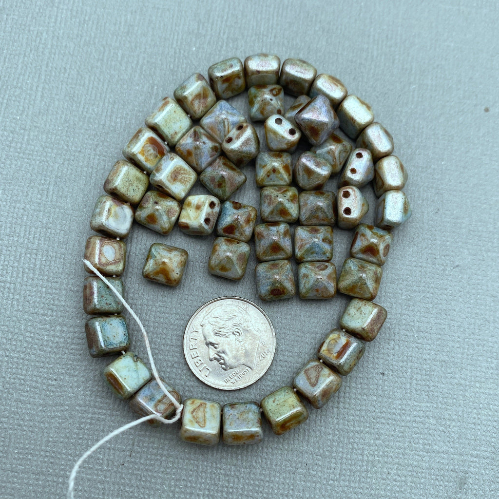 Southwestern Blue Picasso 2-Holed Pyramid Czech Glass Beads (8mm) (SCG42)