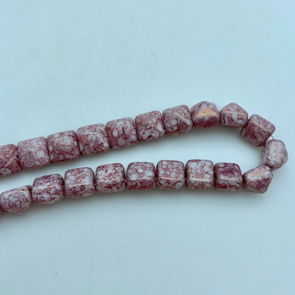 Fuchsia & Gold Spotted Picasso 2-Holed Pyramid Czech Glass Beads (7mm) (SCG44)