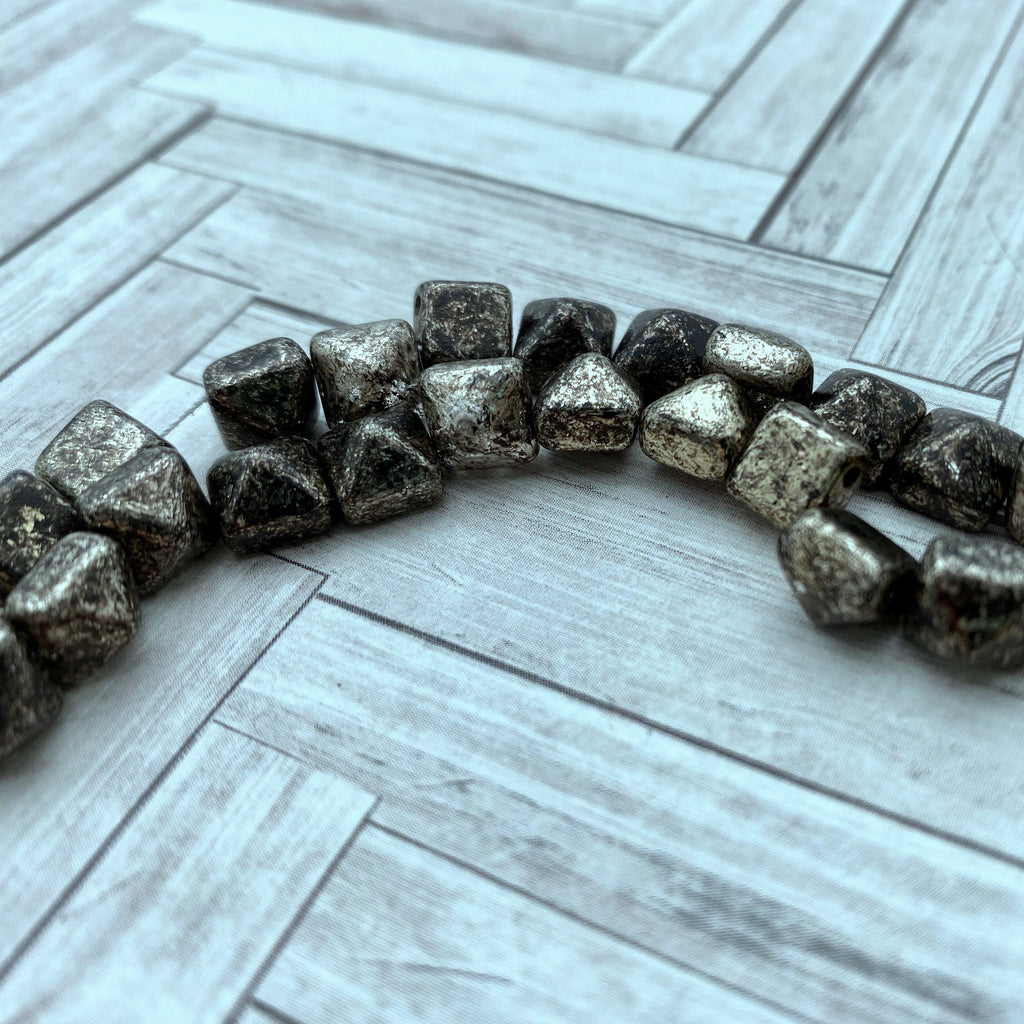 Rough Black & Silver 2-Holed Pyramid Czech Glass Beads (7mm) (SCG47)