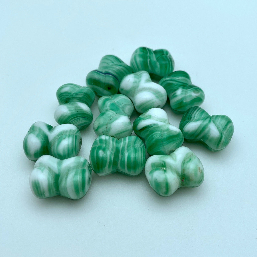 Vintage Hourglass Green & White Striped West German Beads (13x17mm) (GGG1)