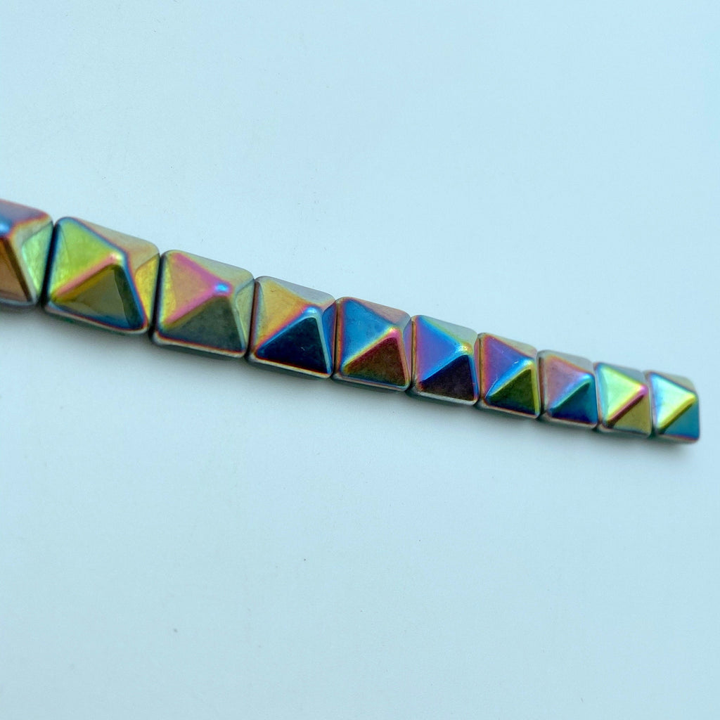 Iridescent & Teal Green 2-Holed Pyramid Czech Glass Beads (12mm) (SCG3)