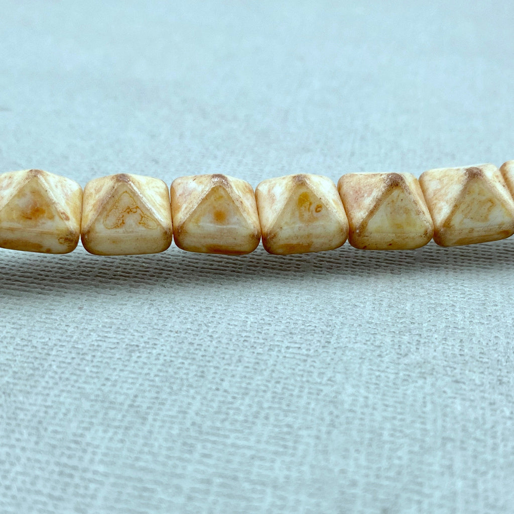 Creamy Brown Picasso 2-Holed Pyramid Czech Glass Beads (12mm) (SCG15)