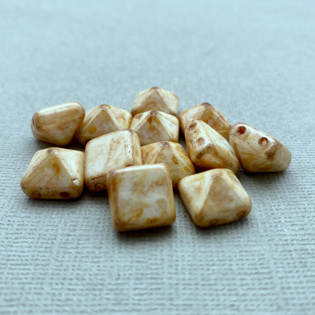 Creamy Brown Picasso 2-Holed Pyramid Czech Glass Beads (12mm) (SCG15)