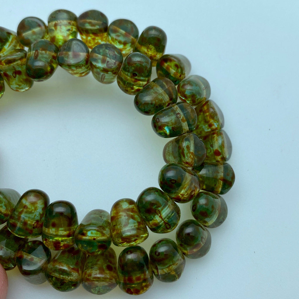 Translucent Greenish Brown Picasso Gumdrop Czech Glass Beads (7x10mm) (SCG66)