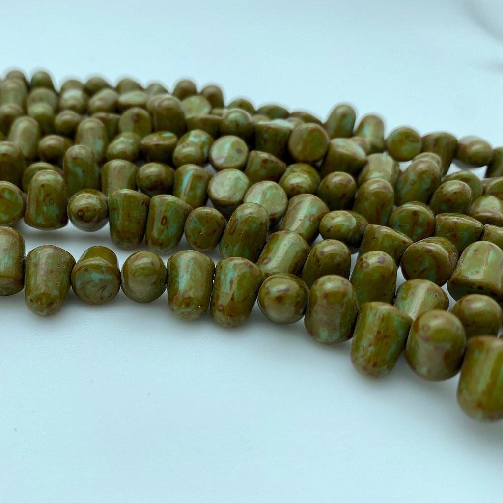 Green Turquise Picasso Gumdrop Czech Glass Beads (7x10mm) (SCG67)