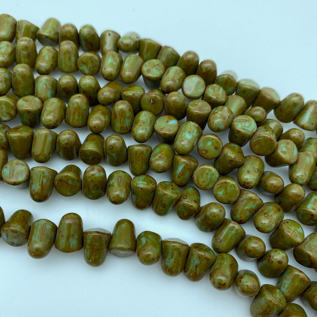 Green Turquise Picasso Gumdrop Czech Glass Beads (7x10mm) (SCG67)