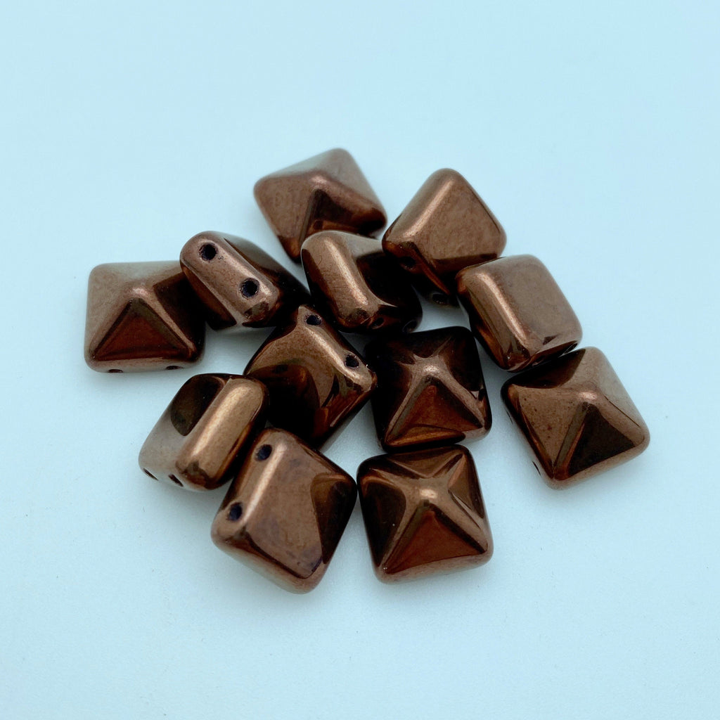 Dark Shiny Copper Colored 2-Holed Pyramid Czech Glass Beads (12mm) (SCG19)