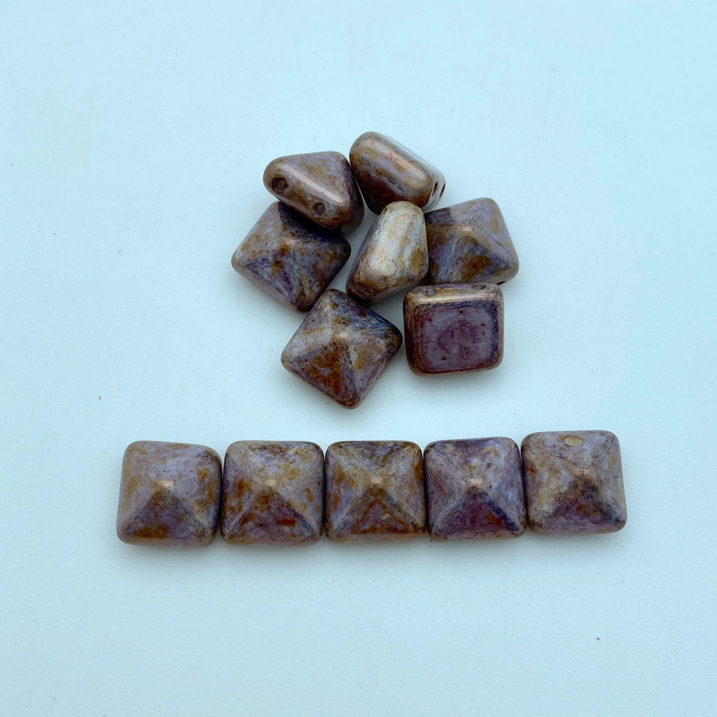 Purple/Green Picasso 2-Holed Pyramid Czech Glass Beads (12mm) (SCG23)