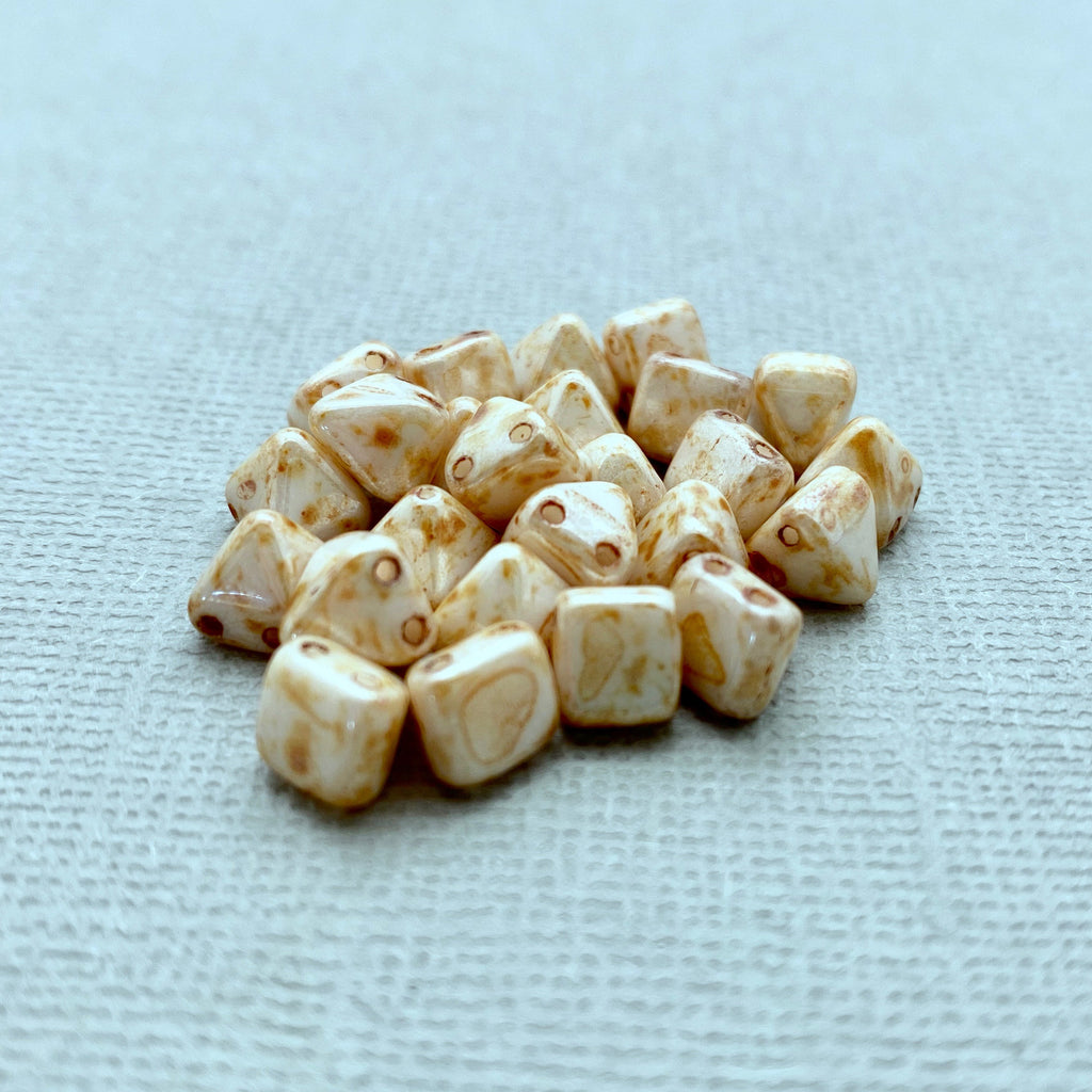 Sahara Desert Creamy Brown Picasso 2-Holed Pyramid Czech Beads (6mm) (SCG27)
