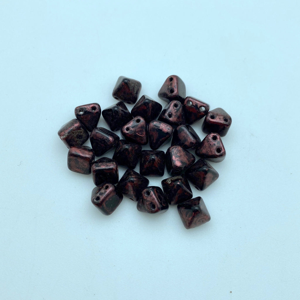 Black & Maroon Picasso 2-Holed Pyramid Czech Glass Beads (6mm) (SCG32)