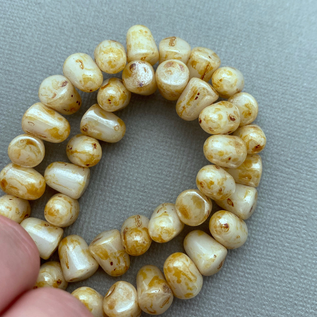 Polished Beige & Brown Picasso Gumdrop Czech Glass Beads (7x10mm) (SCG79)