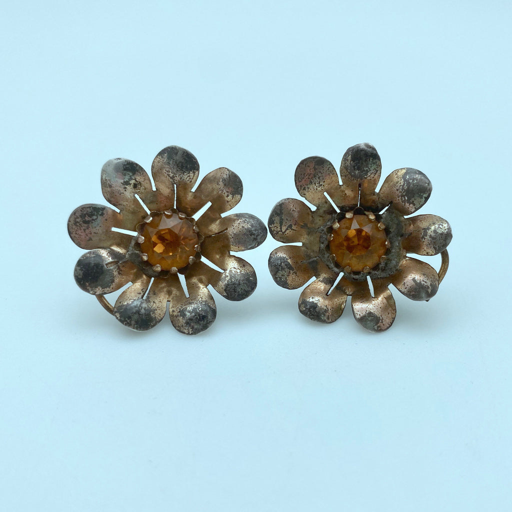 1950s Vermeil Amber Colored Rhinestone Flower Screw Back Earrings (ER23)