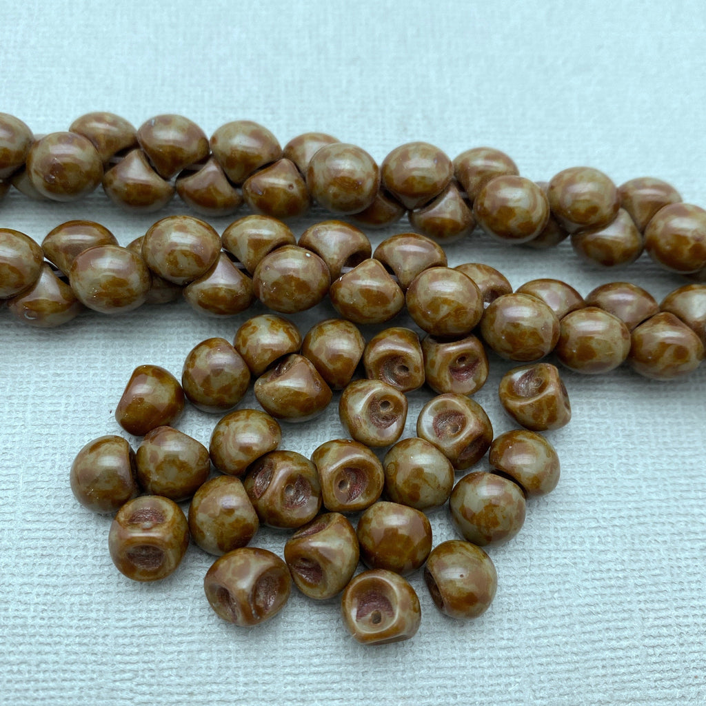 Shiny Green & Brown Picasso Czech Glass Mushroom Beads (8mm) (SCG85)