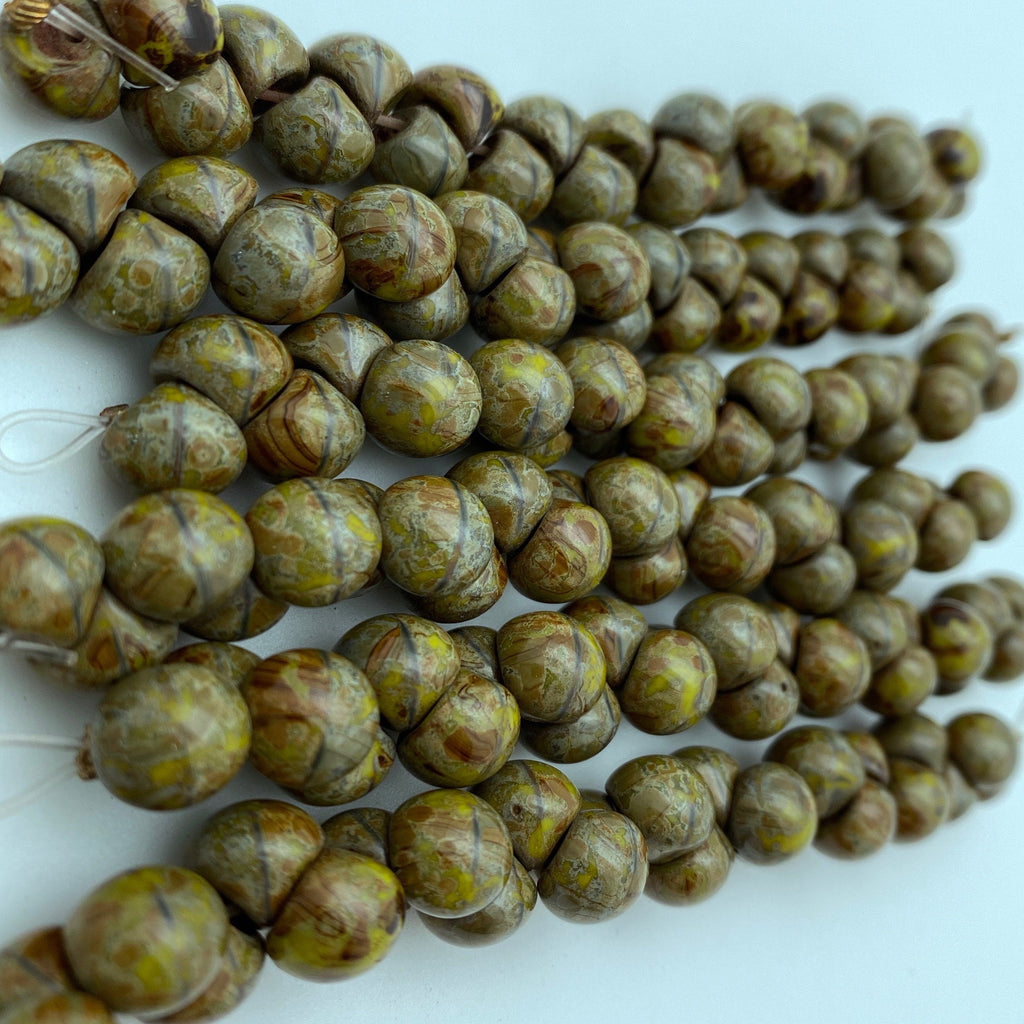 Shiny Olive Green Picasso Czech Glass Mushroom Beads (8mm) (SCG86)