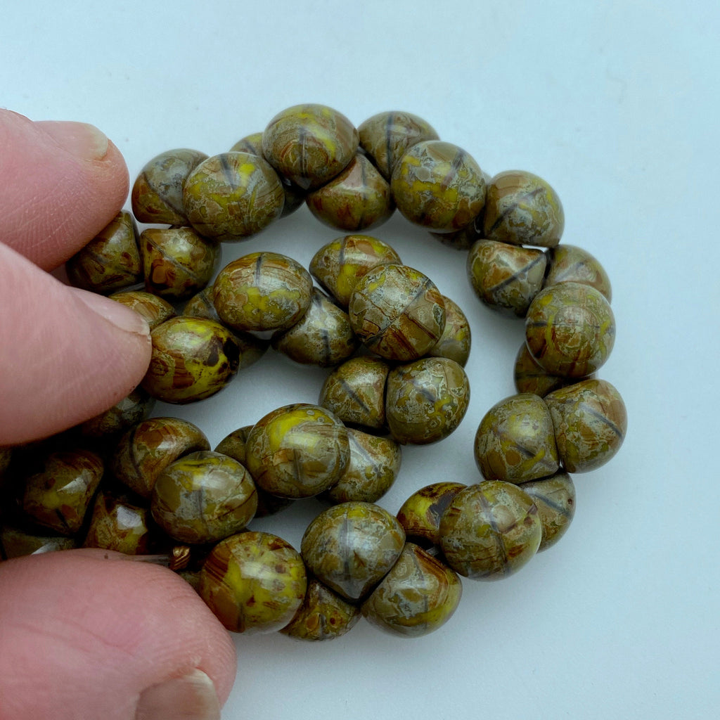 Shiny Olive Green Picasso Czech Glass Mushroom Beads (8mm) (SCG86)