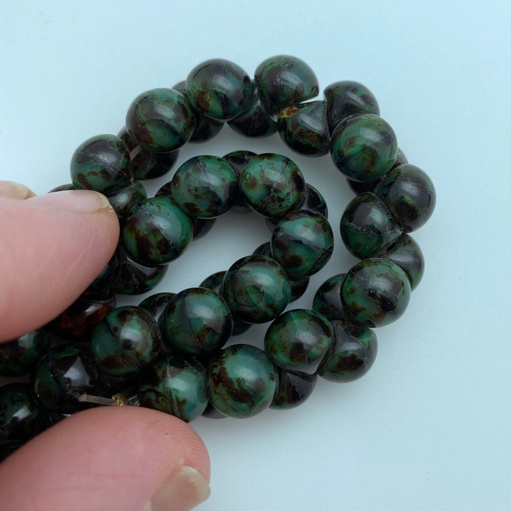 Shiny Black & Dark Green Picasso Czech Glass Mushroom Beads (8mm) (SCG87)