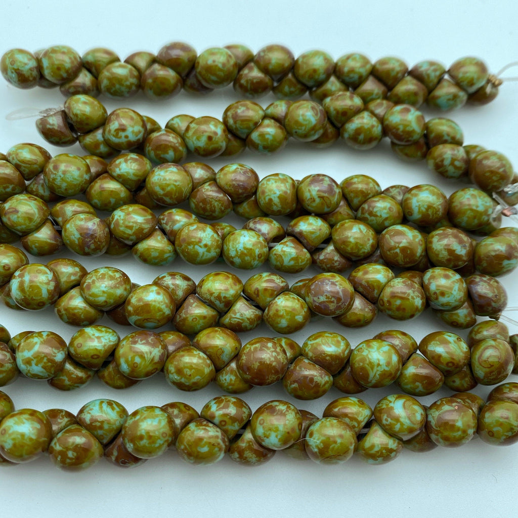 Southwestern Green Blue & Brown Picasso Czech Glass Mushroom Beads (8mm) (SCG88)