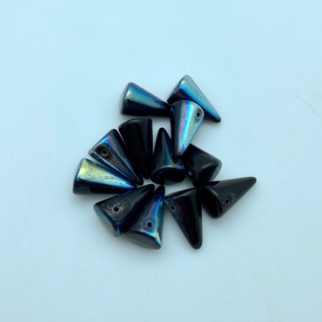 Shiny Black With AB Finish Czech Glass Spike Beads (11x18mm) (SCG110)