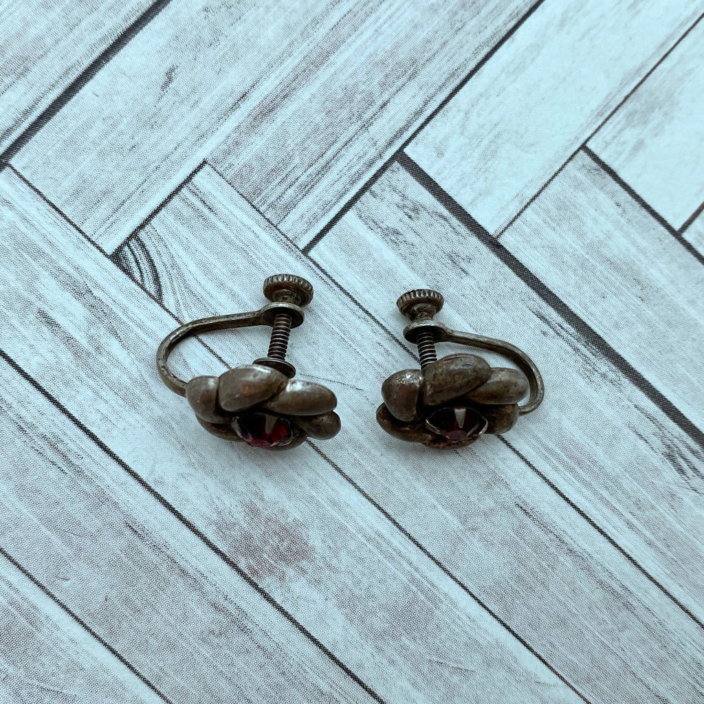 1940&#39;s Sterling Purple Rhinestone Screw Back Earrings (ER42)