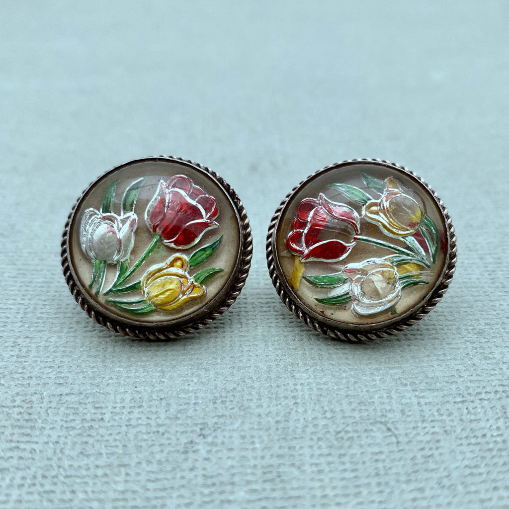 1930s Sterling &quot;Goofus Glass&quot; Reverse Carved Flower Screw Back Earrings (ER54)