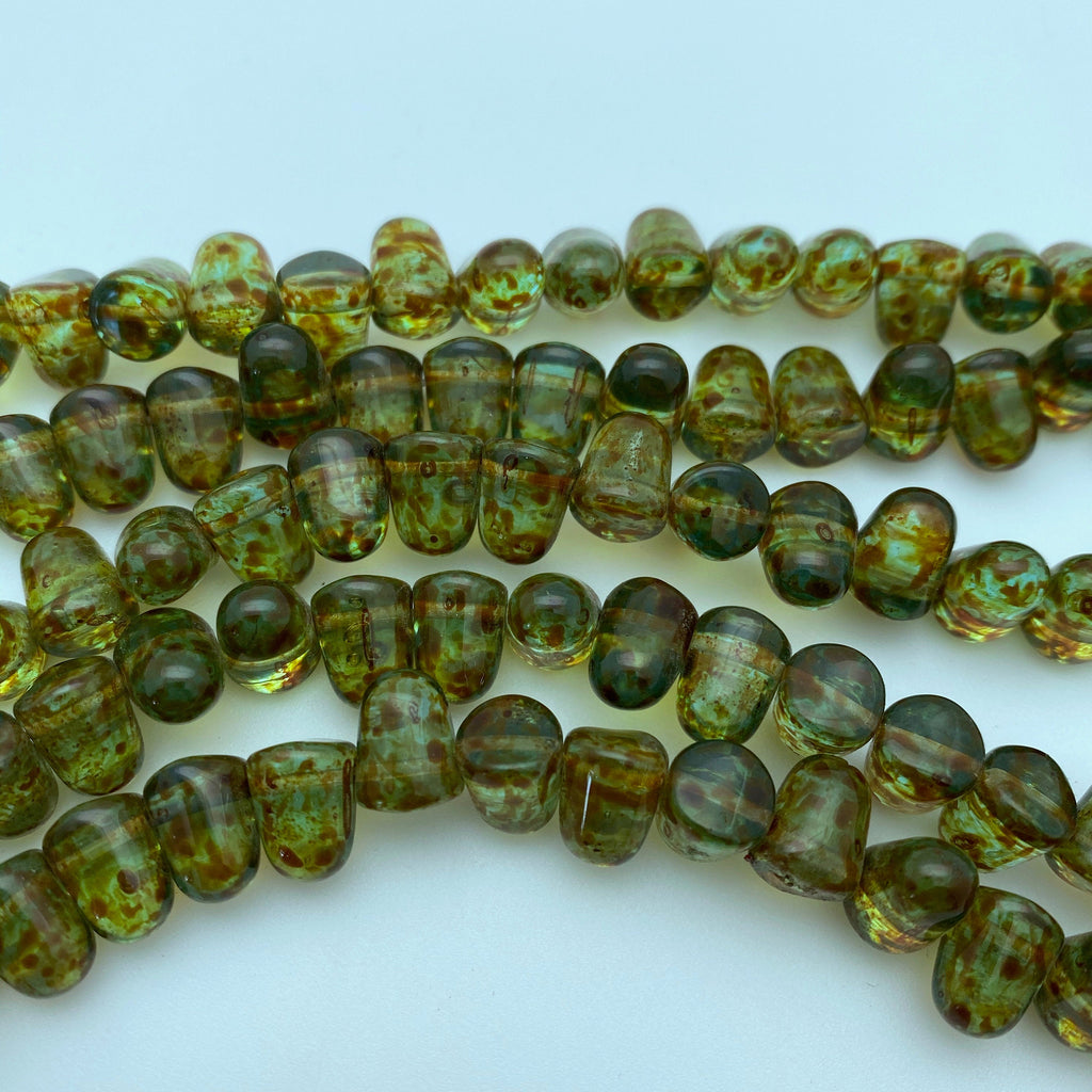 Translucent Greenish Brown Picasso Gumdrop Czech Glass Beads (7x10mm) (SCG66)