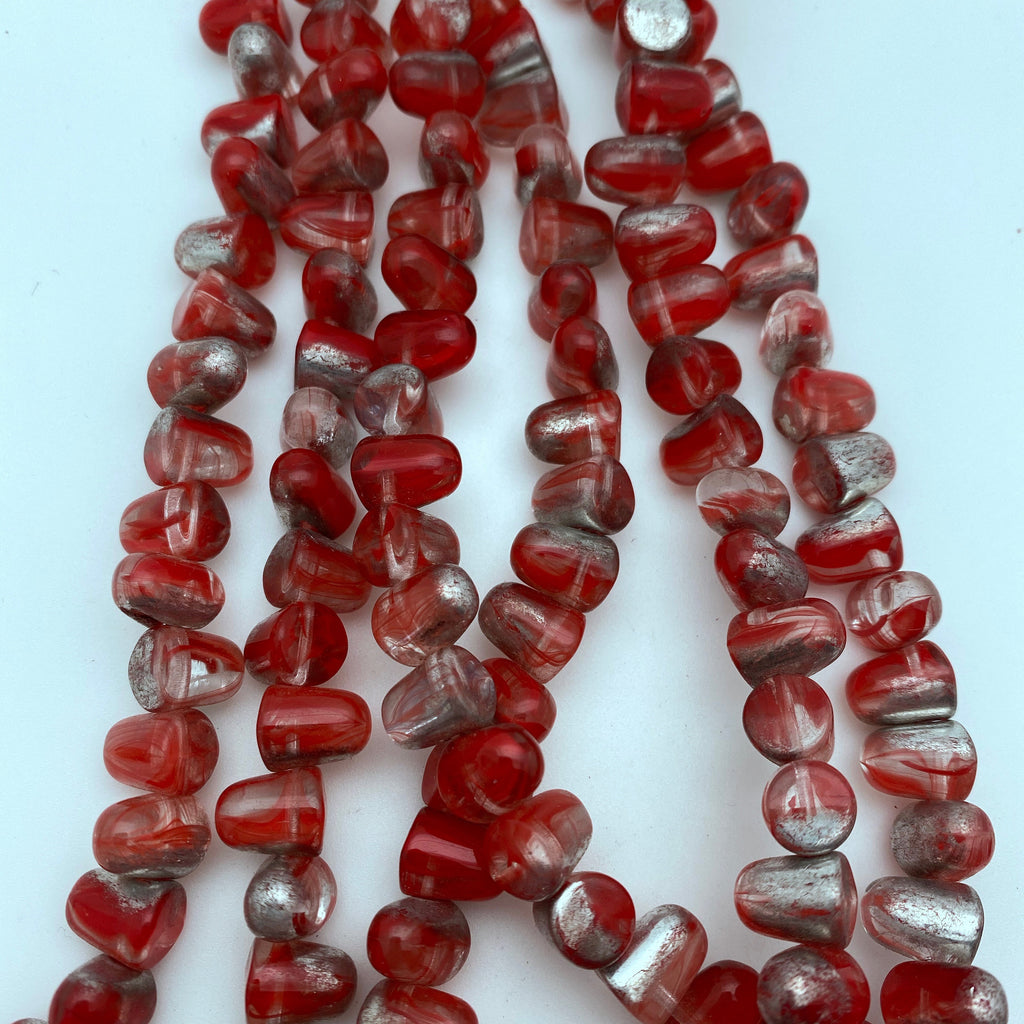 Translucent Red & Silver Gumdrop Czech Glass Beads (7x10mm) (SCG74)