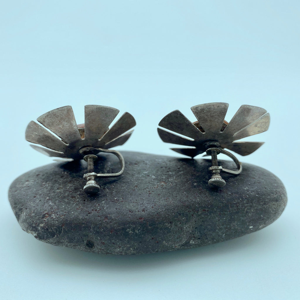 1950s Vintage Sterling Silver Rhinestone Flower Screw Back Earrings (ER66)
