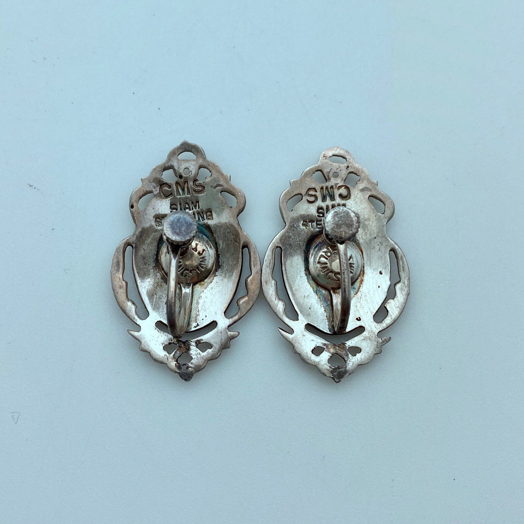 1950s &quot;CMS&quot; Siam Sterling Silver Enamel Filigree Screw Back Earrings (ER67)