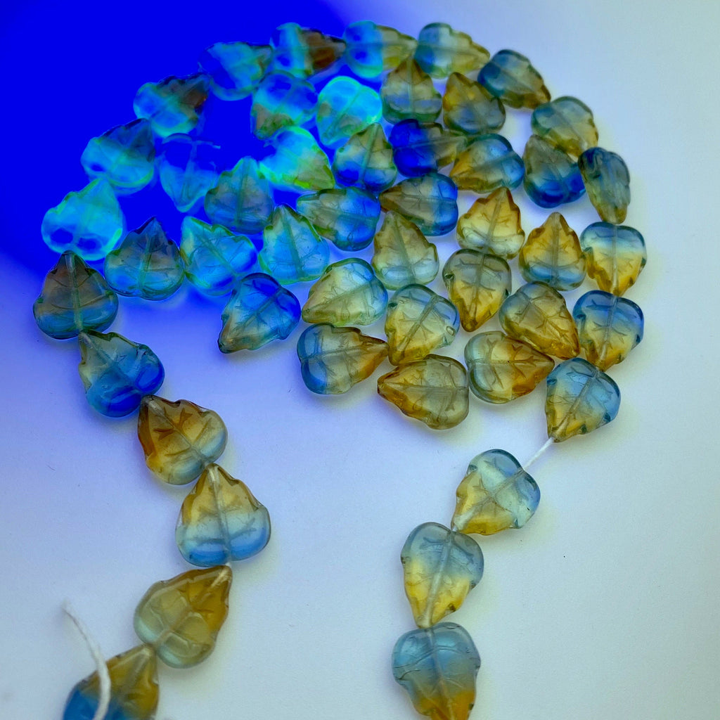 UV Translucent Blue, Yellow, & Green Fall Leaf Czech Glass Beads (11x13mm) (BCG97)