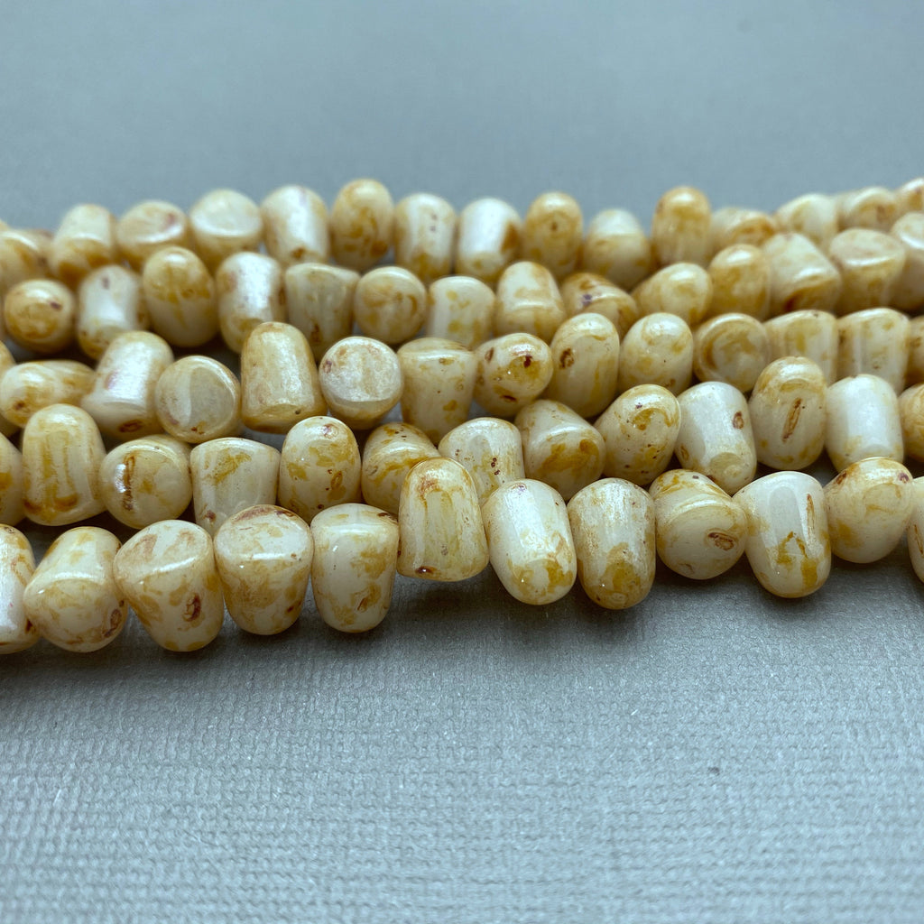 Polished Beige & Brown Picasso Gumdrop Czech Glass Beads (7x10mm) (SCG79)