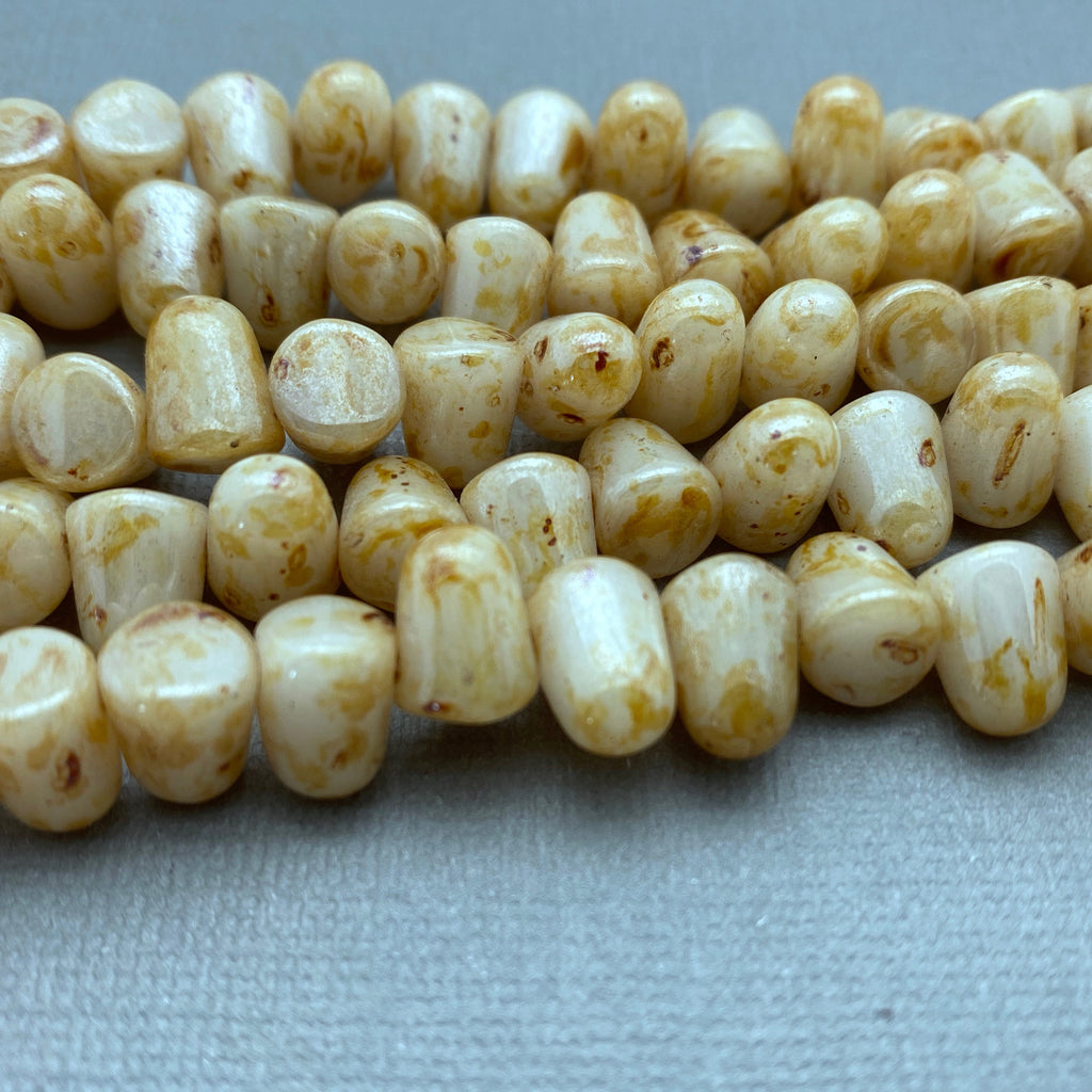 Polished Beige & Brown Picasso Gumdrop Czech Glass Beads (7x10mm) (SCG79)